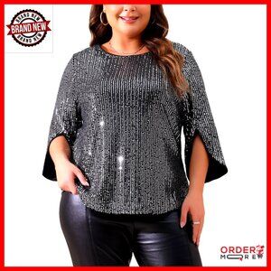 Plus Size Glitter Sequin Blouse 3/4 Slit Sleeve Party Top